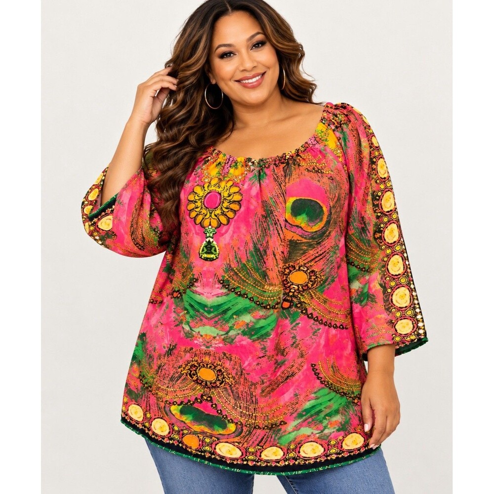 Lapogee Womens 1XL Tunic Top Pink Boho Tunic Top Peacoc Print Rayon Blouse Shirt